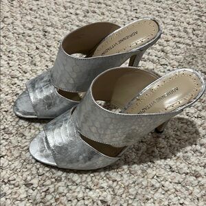 Adrienne Vittadini Silver Snakeskin Mules Heels